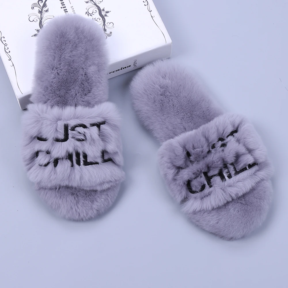 

Winter Women Rex Rabbit Fur Slippers Real Fur Slides Female Furry Indoor Flip Flops Casual Warm Room Slipper Fluffy Plush Shoes