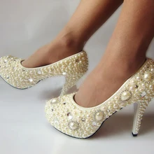 Neue Stil Handarbeit Elfenbein Perle Strass Hochzeit Schuhe Schönes Design Braut High Heel Kleid Schuhe Frühling Bankett Partei Pumpen