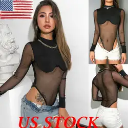 Одноцветное Mock Neck Mesh Sheer тощий черный ночь боди Для женщин осень с длинным рукавом сексуальное тело женщины базовые боди