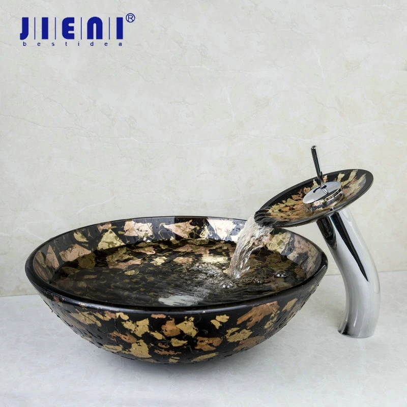 

JIENI Wash basin Tempered Glass Scottish Totem Hand-Painted Bowl Tap Lavatory Bathroom Sink Bath Brass Faucets Mixer Tap Set