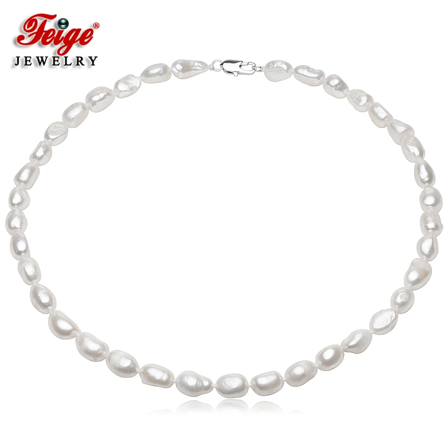 

FEIGE Fine Jewelry Baroque Style Pearl Necklaces For Women's, 7-8mm White Natural Freshwater Pearls,Pearl Chokers Necklaces