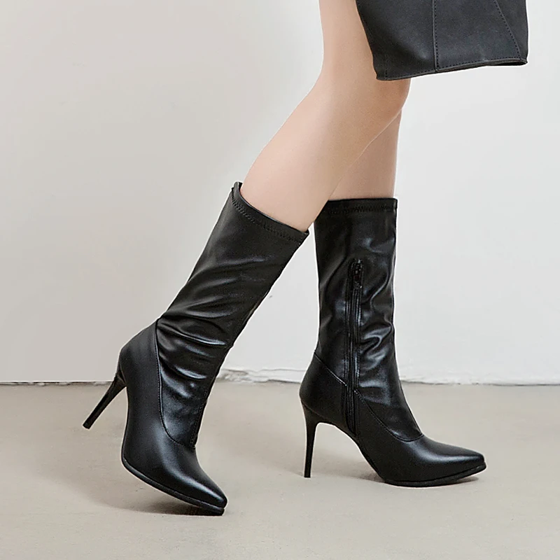 ESRFIYFE/ г. Осенне-зимние женские ботинки до середины икры на молнии с острым носком на высоком каблуке ботинки на шпильке, Zapatos Muje, большой размер 32-50