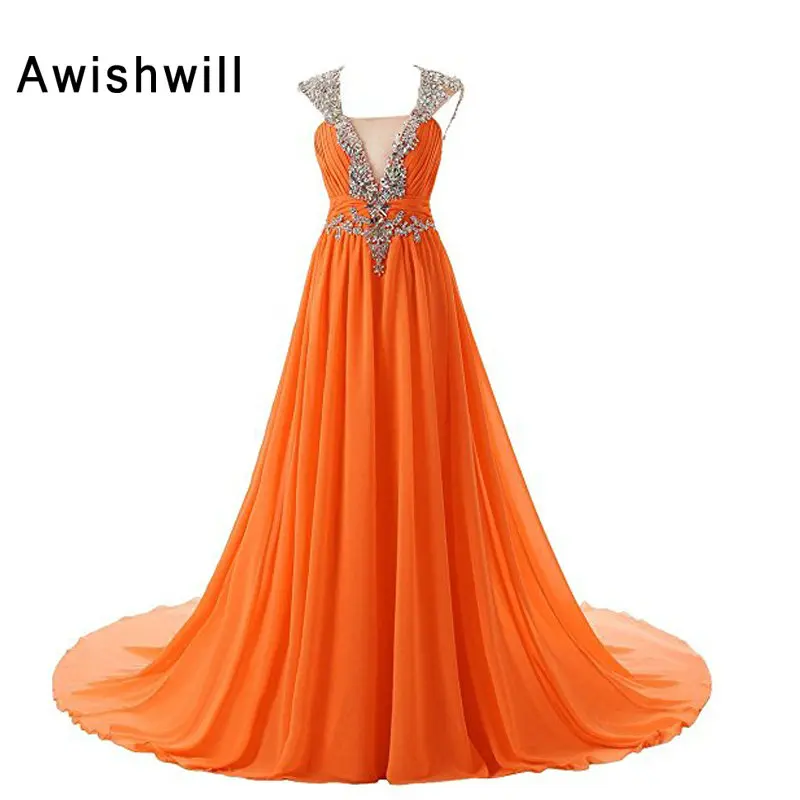 Buy Orange Color Party Dress Cap Sleeve Open Back Sparkly Beads Chiffon Long