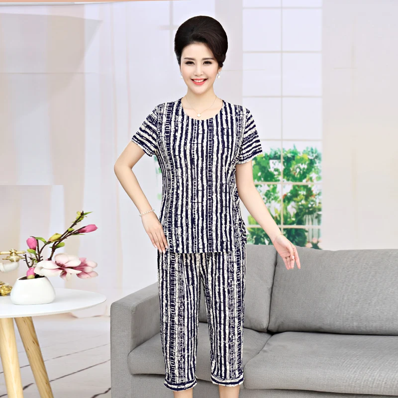 Spring Summer Middle Aged  Women Two Piece Set Casual O-neck Print Tops And Elastic Waist Capris Pant  Plus Size Suit Set