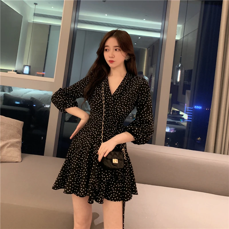 

chic temperament black Women's Clothing vintage polka dot dresses v-neck short dress fashion spring vestidos femininos new