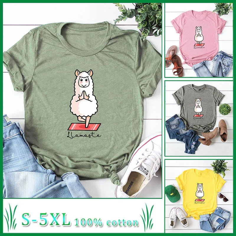 

New hot fashion casual yoga sheep round neck large size women's cotton short-sleeved t-shirt tide yoga shirt workout shirt