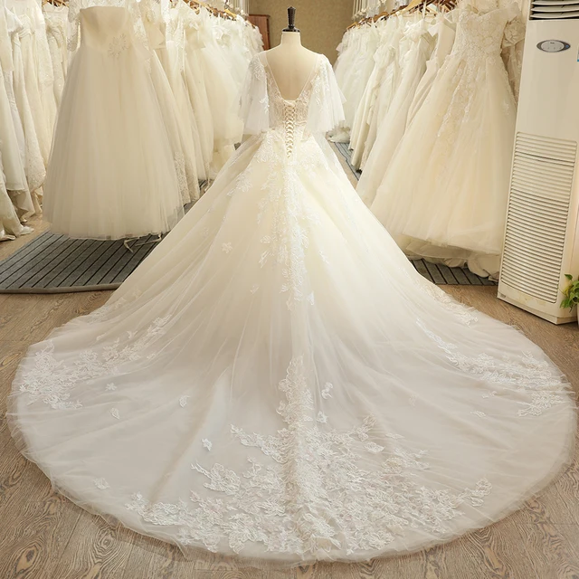 SL-7816 Church O Neck Puffy Sleeve Illusion Bodice Lace Applique Wedding Dress 2017 2