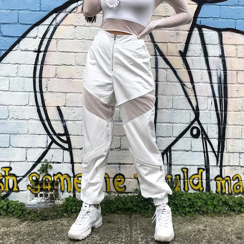 Vente Sweetown Mesh Patchwork décontracté femmes pantalons de survêtement automne 2019 Streetwear pantalons de survêtement blanc mode taille haute Zipper pantalon ample
