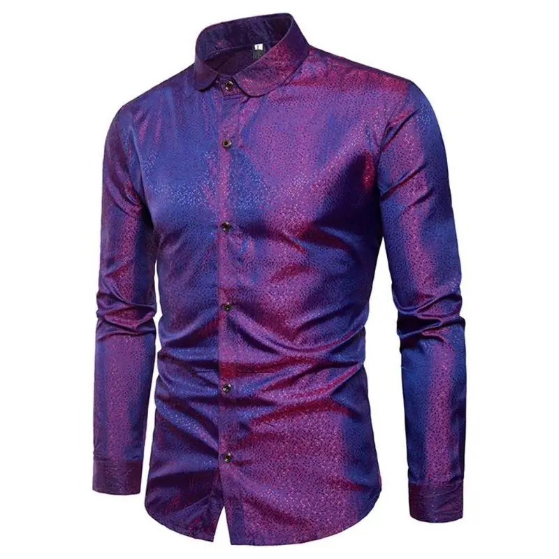 Fashion Men Coated Metallic Night Club Shirts Halloween Gold Purple