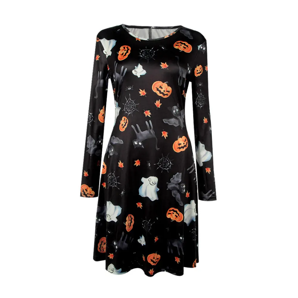 Fashion Women Halloween Ghost Printed Long Sleeve Dress Spring Autumn ...