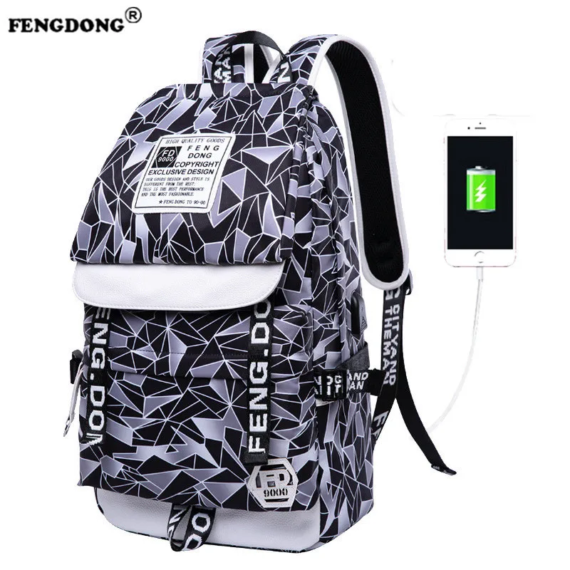 Fengdong Brand Design 2018 Fashion Backpacks Waterproof Nylon Women Backpack Female Geometric for Teenage Girls | Багаж и сумки