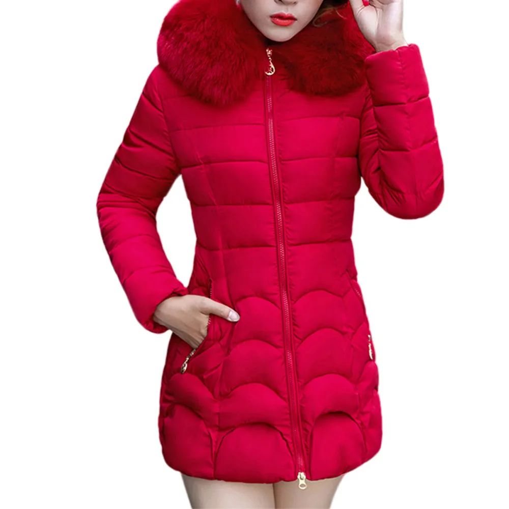 Plus size Women winter Hooded Outwear Warm Coat Long Thick Fur Collar Cotton Parka Slim female jacket manteau femme Black red - Цвет: Красный