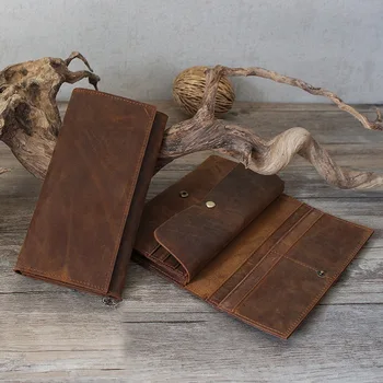 

2018 Luxury Mens Long Crazy Horse Real Cow Genuine Leather Wallets Men Wallet Clutch Vintage Male Purse Handy Bag Handmade