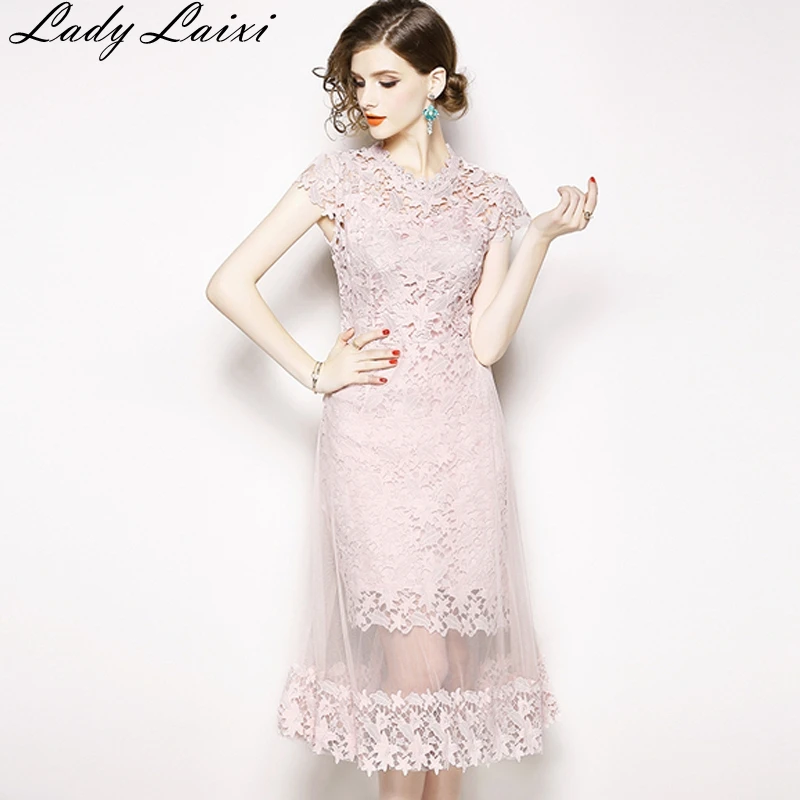 

2019 Summer Women See Through Party Dress Patchwork Mesh Lace Corchet Elegant Chic Lady Floral Korean Dress Vestidos