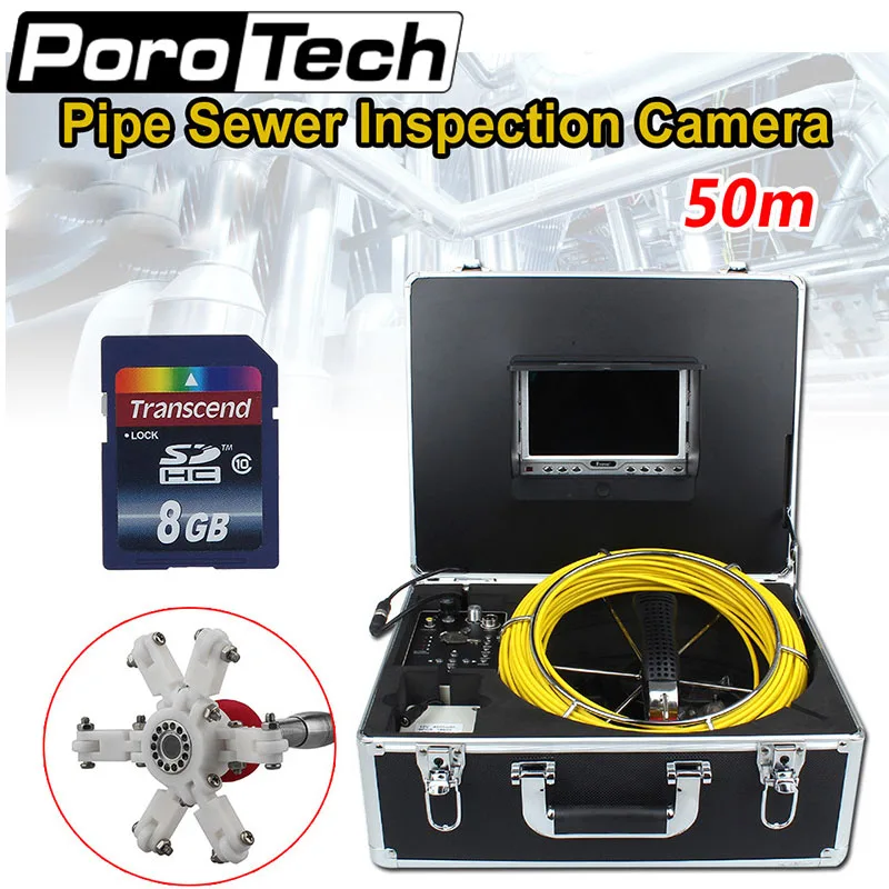 7D1 50M Sewer Waterproof Video Camera 7inch Display  LCD Screen Drain Pipe Inspection Yellow Cable with Suitcase with 8GB Card