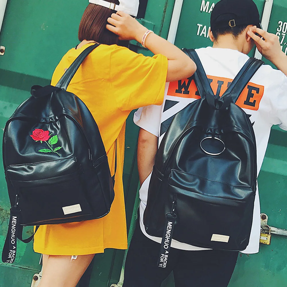Menghuo Unisex PU Leather Backpack Women Embroidery Rose Backpack Lovers Men's Leather Backpack Travel Bag for Teenagers Mochila