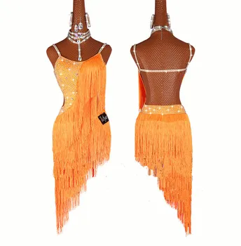 

2019 Sparkly Rhineston Women Latin Dancing Costumes Lycra Tassel Skirt Salsa Samba Rumba India Ladies Fringe Latin Dance Dress