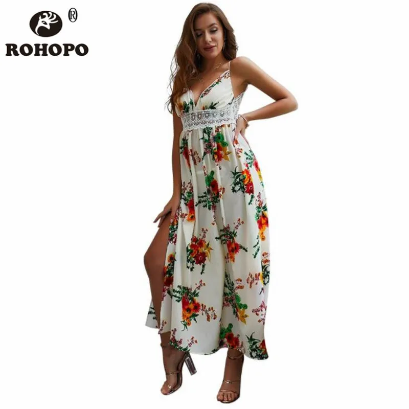 

Off Back Lace Spaghetti Strap Mid Calf Floral Fashion Dress Summer Beach Style Split Sexy Dresses 2019 New Design Runway Clothe