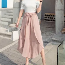 2019 Women Loose Solid Wide Leg Pants Casual Chiffon Lace-Up High Waist Ruffles Boho Trousers Asymmetrical Split Skirts Pants 2019 Women Loose Solid Wide Leg Pants Casual Chiffon Lace-Up High Waist Ruffles Boho Trousers Asymmetrical Split Skirts Pants