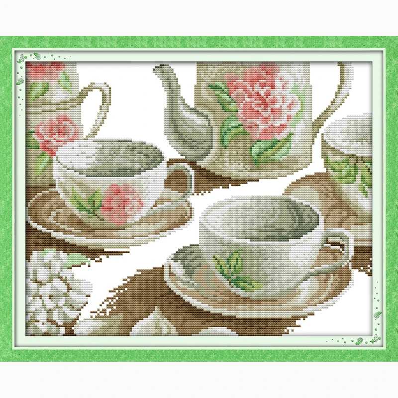 

Rose tea set 11CT Printed 14CT white pattern DMC Cross Stitch DIY Cross Stitch Kits for Embroidery Home Decor Needlework crafts