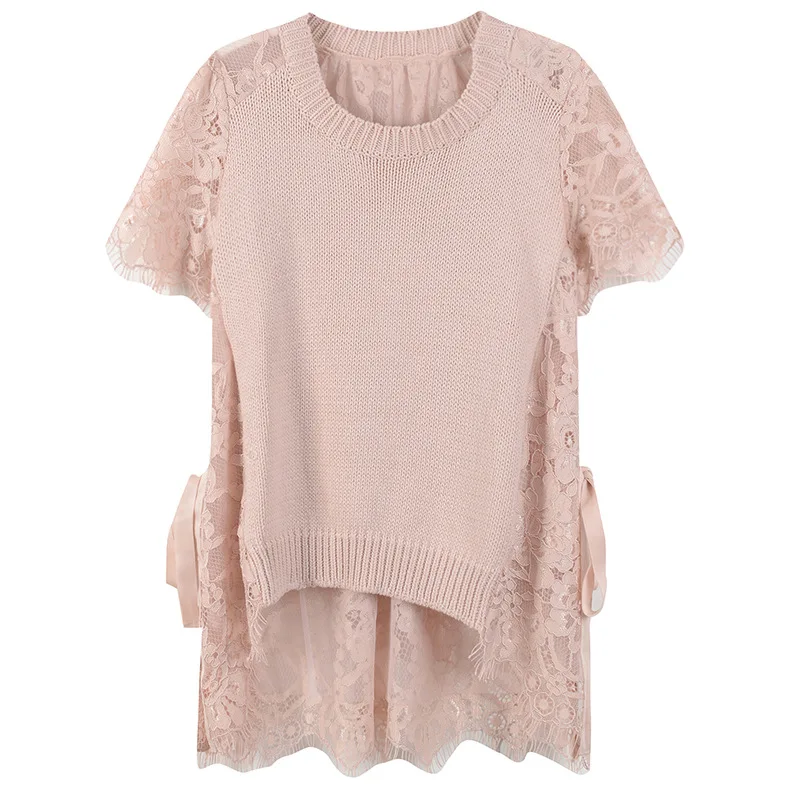 النساء تي شيرت الجانب الدانتيل يصل أنيقة الدانتيل T قميص محبوك الصيف المحملات البلوفرات أعلى المدرج تصميم قصيرة الأكمام البلوز الحلو الفاخر...