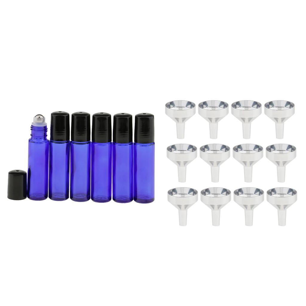 6pcs 10ml Refillable Empty Essential Oils Perfume Glass Roll On Bottles + 12 Mini Aluminum Liquid Funnels Set