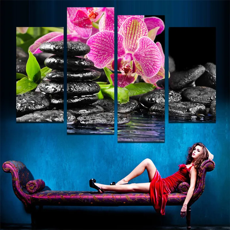 Unframed-4-Panels-Purple-Flowers-black-stone-Picture-Canvas-Print-Painting-Artwork-Wall-Art-Canvas-Painting (1)