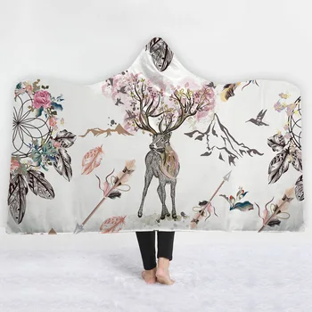 

Elk/Moose Printing Hooded Blanket Keep Warm Adults Kids Cloak Office Sofa Travel Thicken Blanket Double Layer Lazy Blankets