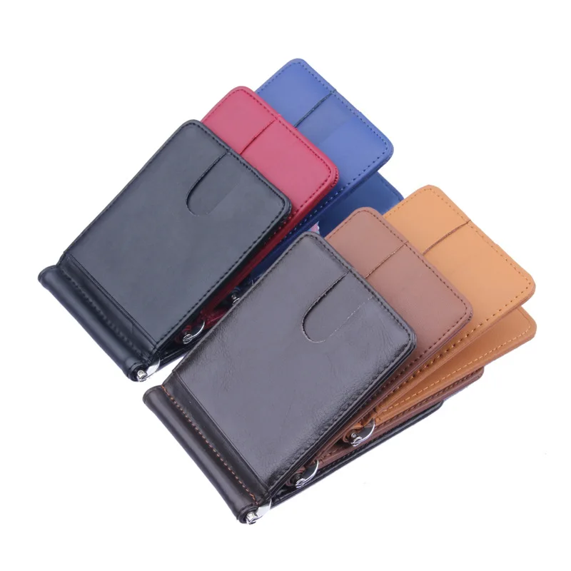 

Thin Billfold Wallet Men Money Clips Real Genuine Leather Bifold Open Clamp for Credit Card Cash Holder Solid Black Red Blue