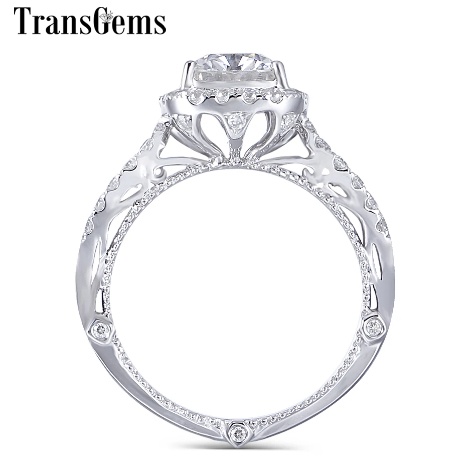 

Transgems 14K White Gold Moissanite Vintage Engagement Ring Center 2ct 7X8mm F Color Cushion Cut Moissanite Halo Engagement Ring