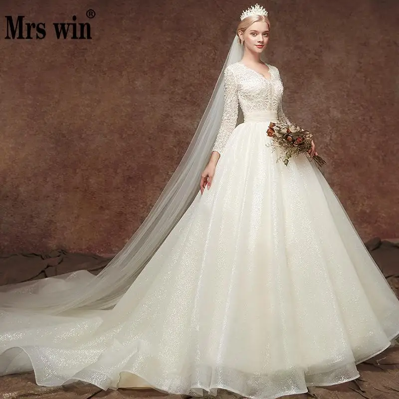 Халат De mariée Grande Taille Mrs Win 2019 новый длинный рукав сексуальный глубокий v-образный вырез принцесса Роскошная свадебная одежда Vestido De Novias F