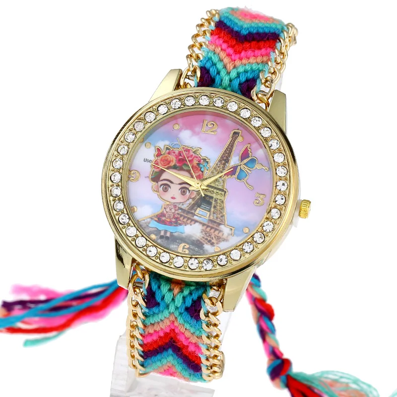 Genova Платина с украшением в виде кристаллов для пляжа Модные женские туфли часы Париж Бабочка Эйфелева Плетеный кварцевые часы-браслет B037