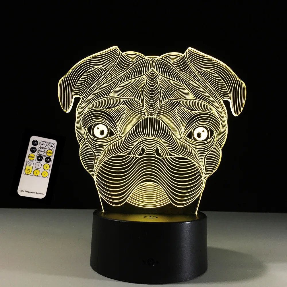 Удаленные touch Управление 3D LED Симпатичные мопса ночник животных Настольные лампы для Домашний Декор рождественские подарки для детей