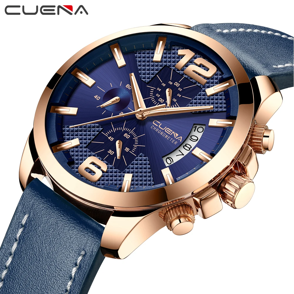 

2018 Fashion Men Quartz Watches Top Brand Luxury CUENA Genuine Leather Band 3 Dial Calendar Chronograph Wristwatch Luminous Hand