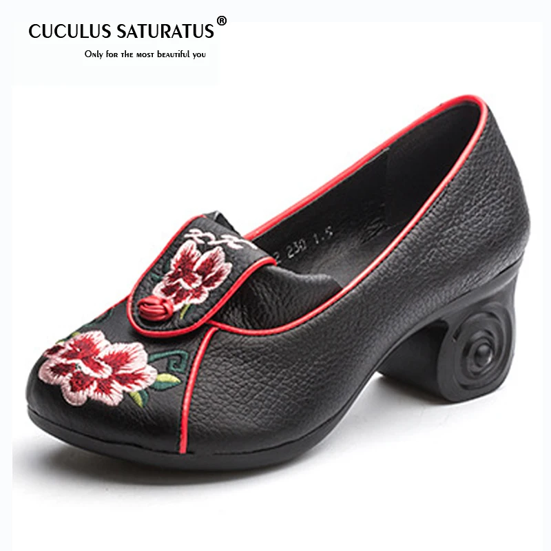 

Cuculus Women pumps high heels women leather shoes 2019 spring autumn ethnic embroidered genuine leather women shoes heels 1863