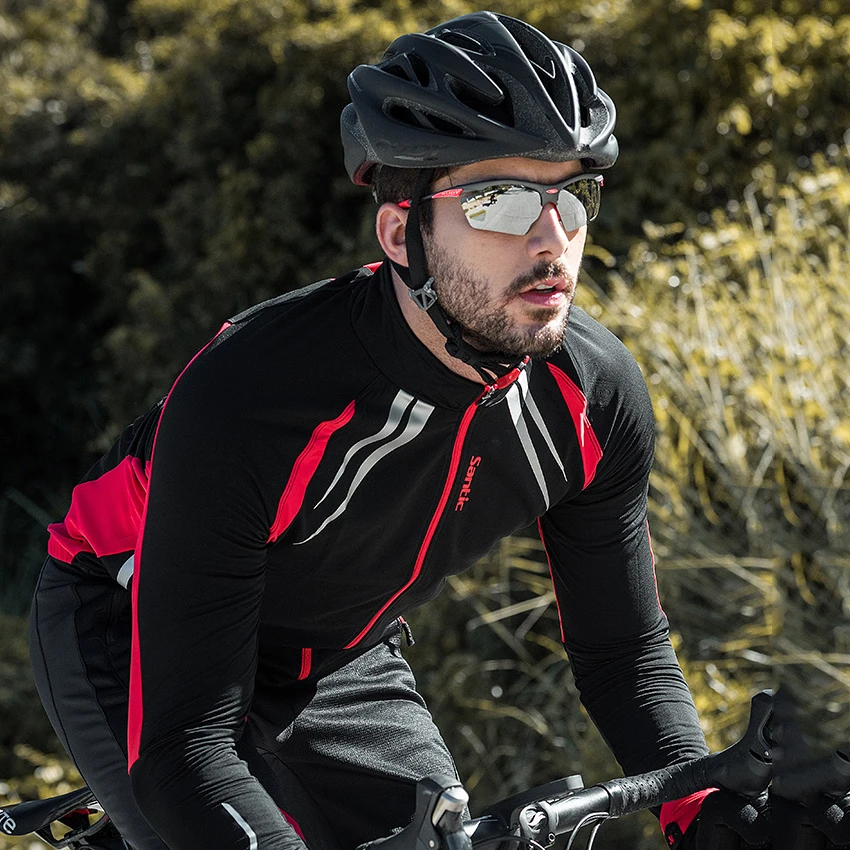 

Santic Men Cycling Jacket Cycling Jersey Long Sleeve with Finger Winter Thermal Reflective Jackets Windproof Sports Clothing