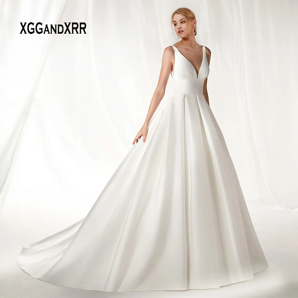 

V Neck Wedding Dress 2019 Satin Long Bride Dress Lace Appliques White Ball Gown Vestido De Noiva Plus Size gelinlik Plus Size