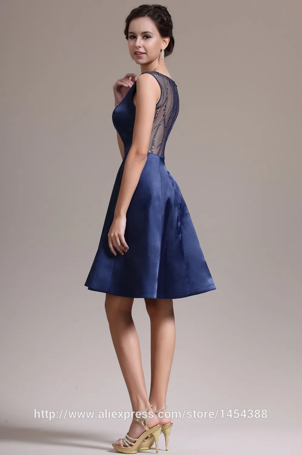 

Hot New Elaborate Chaming Navy Blue Knee-Length See Through Homecoming Dresses Prom party Dresses girls' dresses Satin DH205