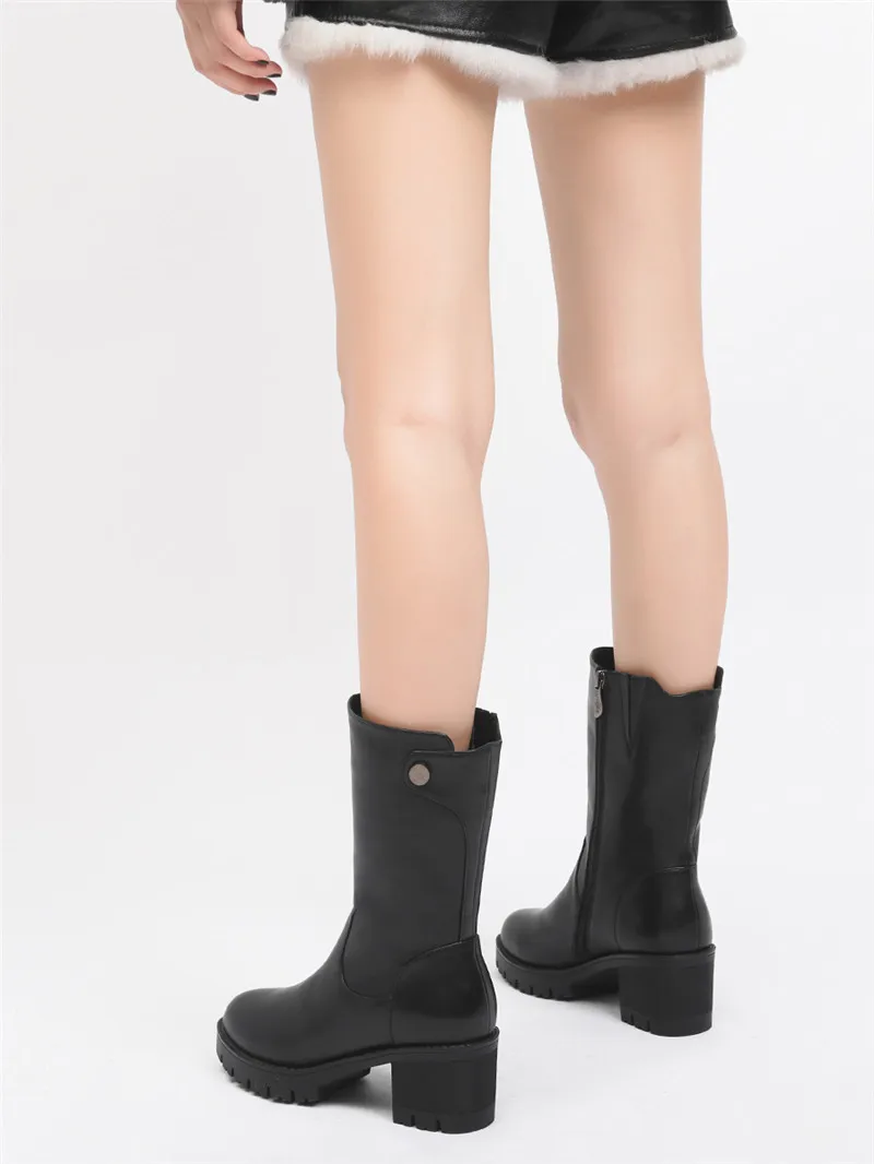 ASUMER/большие размеры; модные теплые зимние ботинки; ботинки из натуральной кожи с круглым носком на молнии с шерстяной подкладкой; ботинки до середины икры на квадратном каблуке