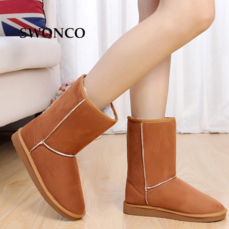 

SWONCO Women's High Boots 2018 Winter Solid Color Non-slip Ladies Mid-calf Boot Winter Boots Women Flat Warm Woman Boot Shoes