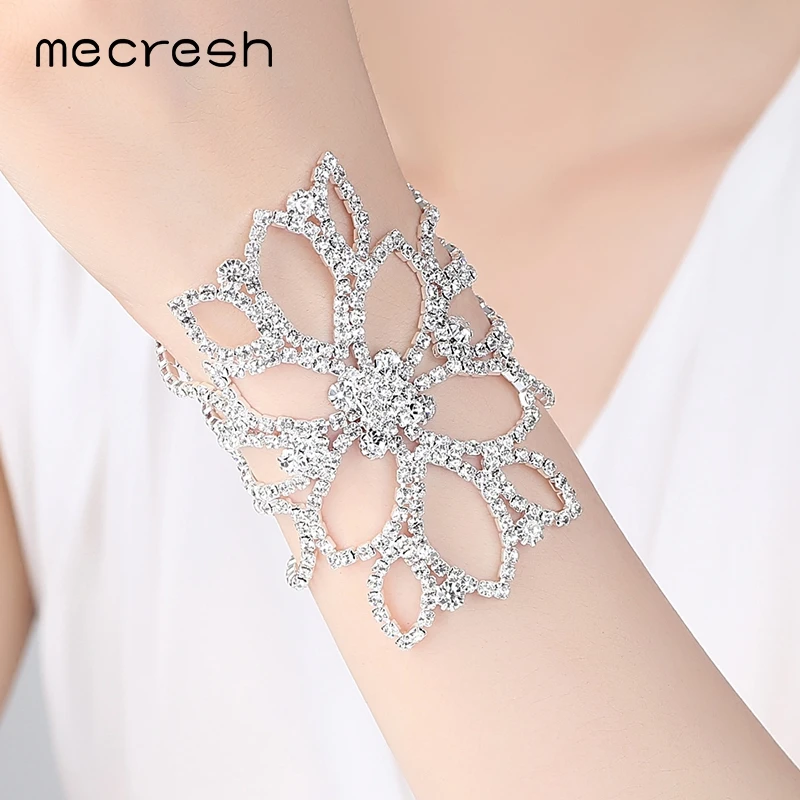 Mecresh Silver Color Crystal Bracelets for Women Floral Bridal Ankle Bracelets & Bangles Wedding Engagement Jewelry SL009