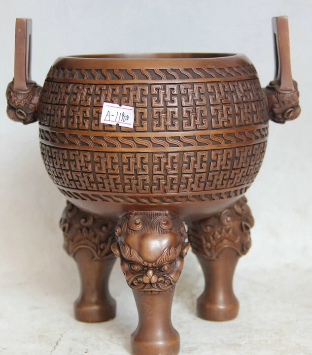 

Collectible bronze S1484 8" Marked Chinese Purple Bronze 3 Foot Lion Beast Head Incense Burner Censer