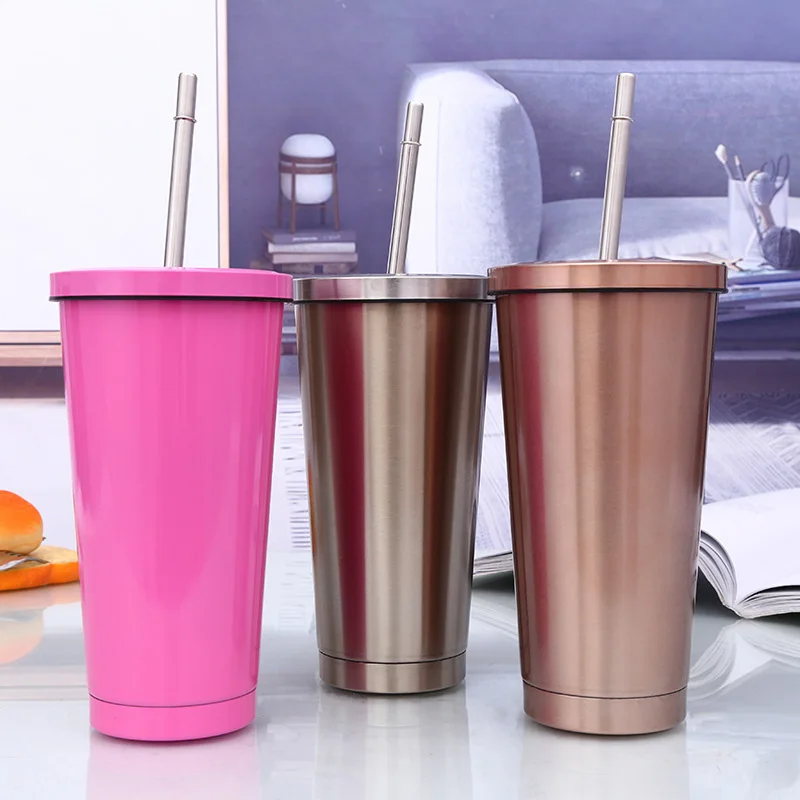 

500ml Stainless Steel Coffee Mug Car Cup Mini Portable Thermos Straw Straw Coffee Mug Heating Tank Mug Vacuum Office Cup