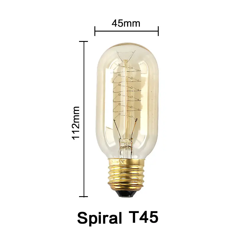 T45 Spiral Винтажная лампа Эдисона 220 В, антикварная лампа Эдисона E27, лампа накаливания, подвесной светильник, лампа ing 40 Вт, ретро светильник накаливания, Вольфрамовая Лампа - Цвет: T45 Spiral
