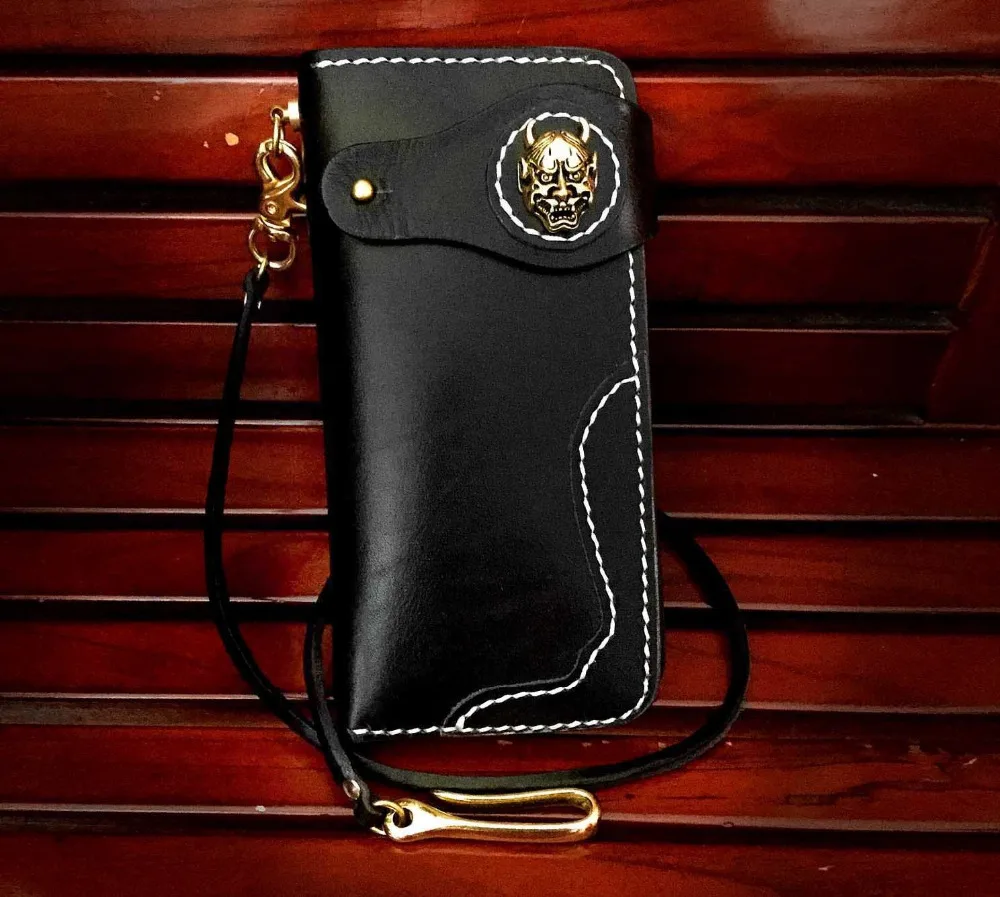 Handmade Genuine Leather Biker Men&#39;s Long Wallet with leather Chain Brass Gold-in Wallets from ...