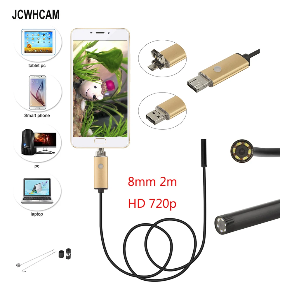 JCWHCAM 8 мм Android эндоскоп USB кабель Фокусирующая камера 2 м Водонепроницаемый Full HD LED