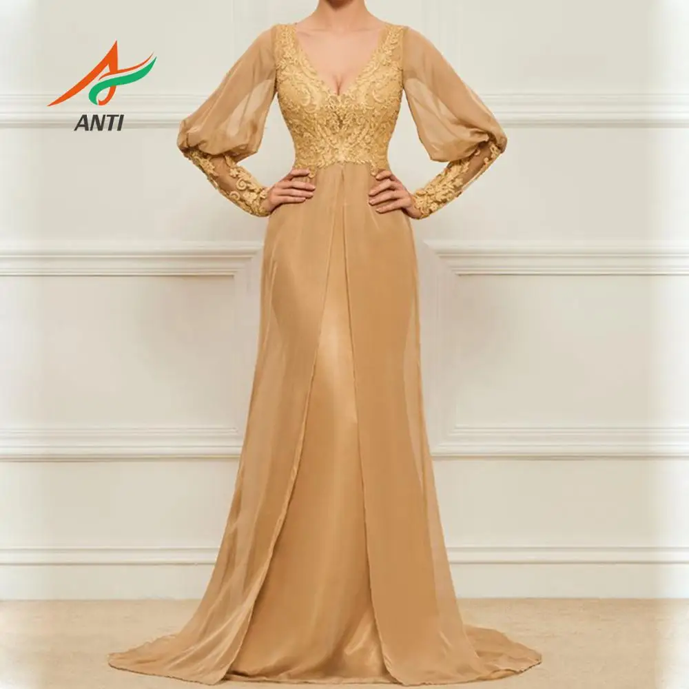 

ANTI abiye 2019 Champagne Evening Dress Long Sleeves Woman Plus Size Formal Party Gowns Elegant Lace Tulle robe soiree in turkey