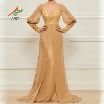 

ANTI abiye 2019 Champagne Evening Dress Long Sleeves Woman Plus Size Formal Party Gowns Elegant Lace Tulle robe soiree in turkey