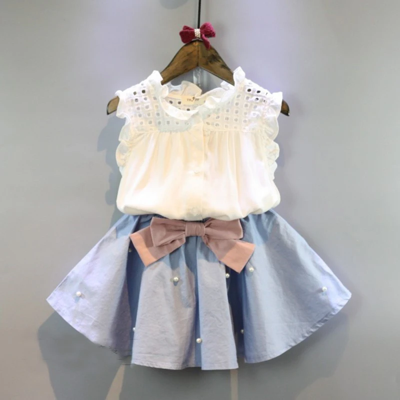 

(5 pcs / LOT) -2019 summer white sleeveless T-shirt + bow beads 2-7 girls skirt second-tier clothing
