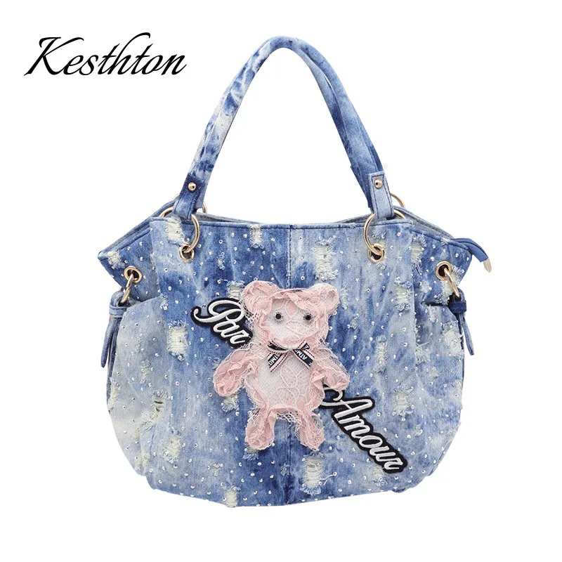 

Kesthton New Women Denim Bags Sweet Blue Pattern High Quality Handbags With Diamond Ladies Tote Bag Messenger Bags